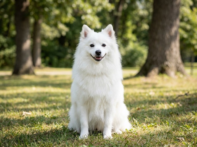 American Eskimo Dog sitting in a park with a fluffy white coat
