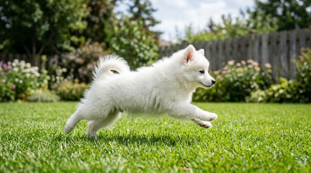 American Eskimo Dog puppy playing in a grassy backyard