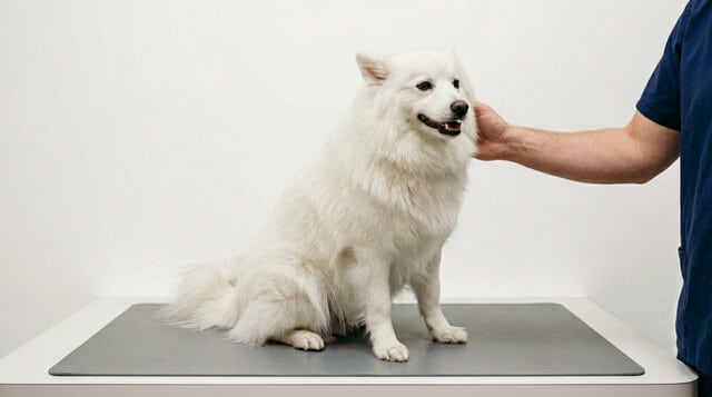 American Eskimo Dog at a veterinary checkup