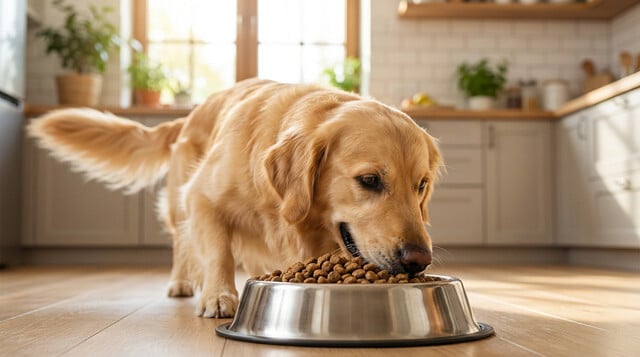 Golden retriever eating premium dog food from a stainless steel bowl