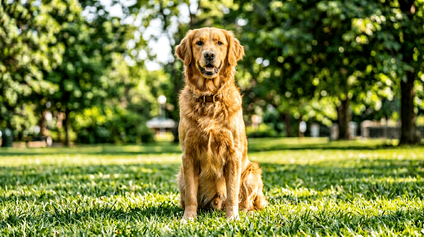 Healthy alert Golden Retriever sitting on grass in sunlight