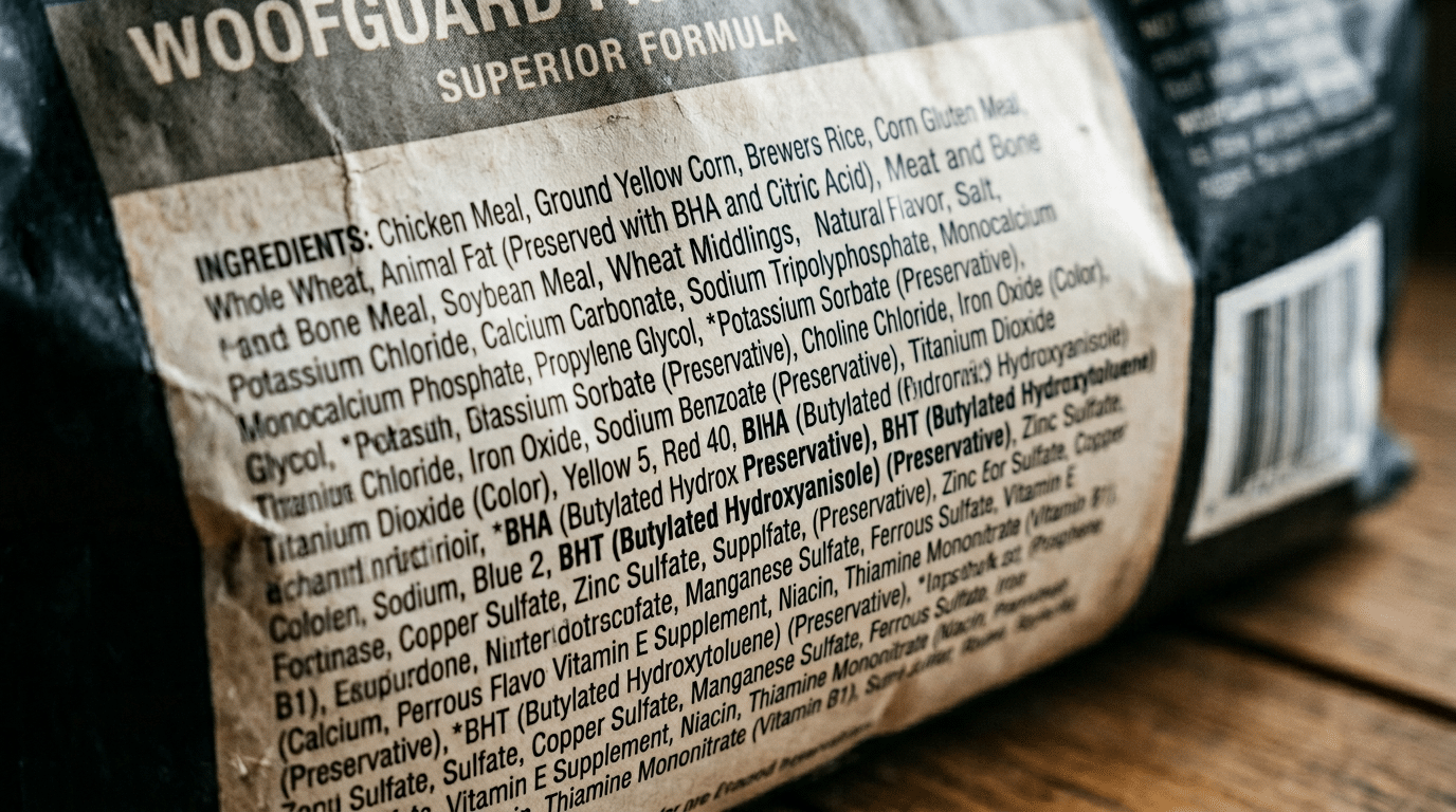 Close up of a dog food ingredient label showing chemical preservatives and additives