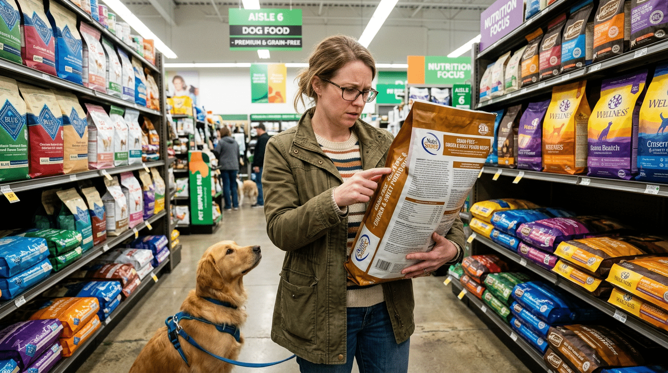 Dog owner carefully reading the ingredient list on the back of a dog food bag in a pet store