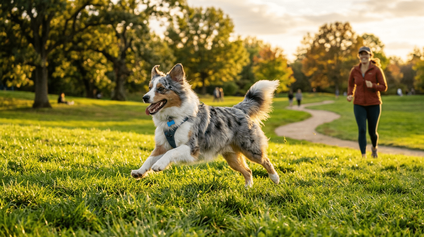 Australian Shepherd running energetically in a grassy park in golden light