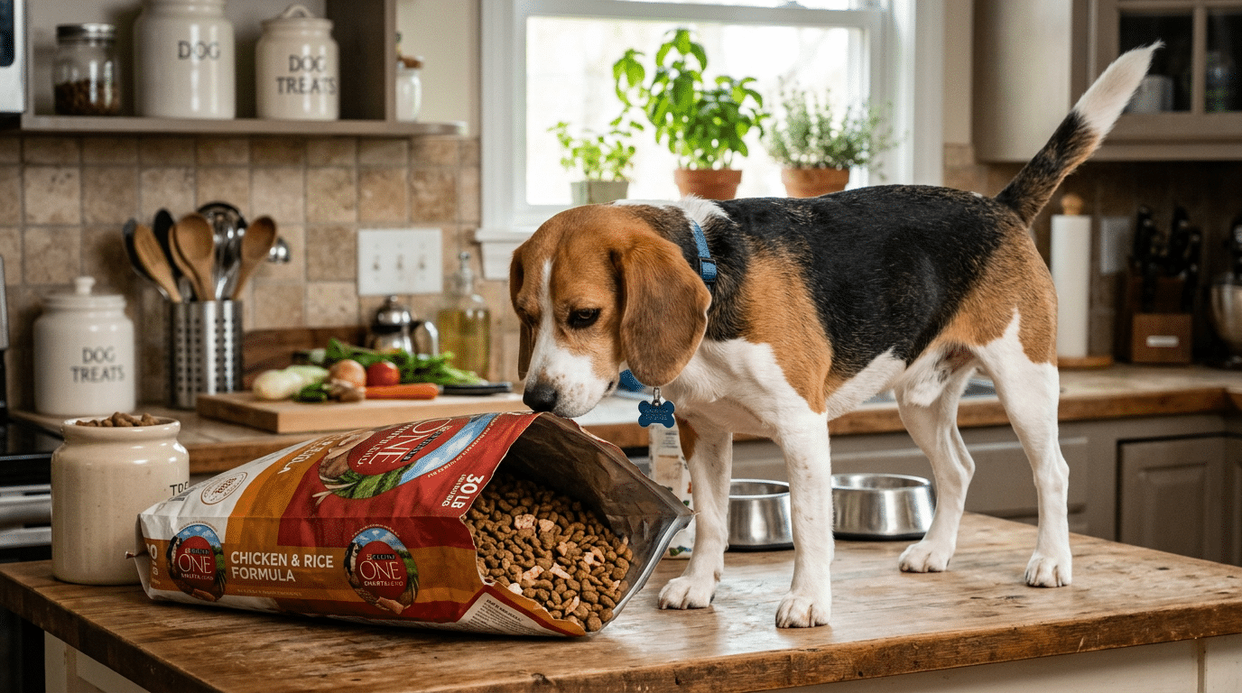 Beagle sniffing at an open bag of dry dog kibble ingredients