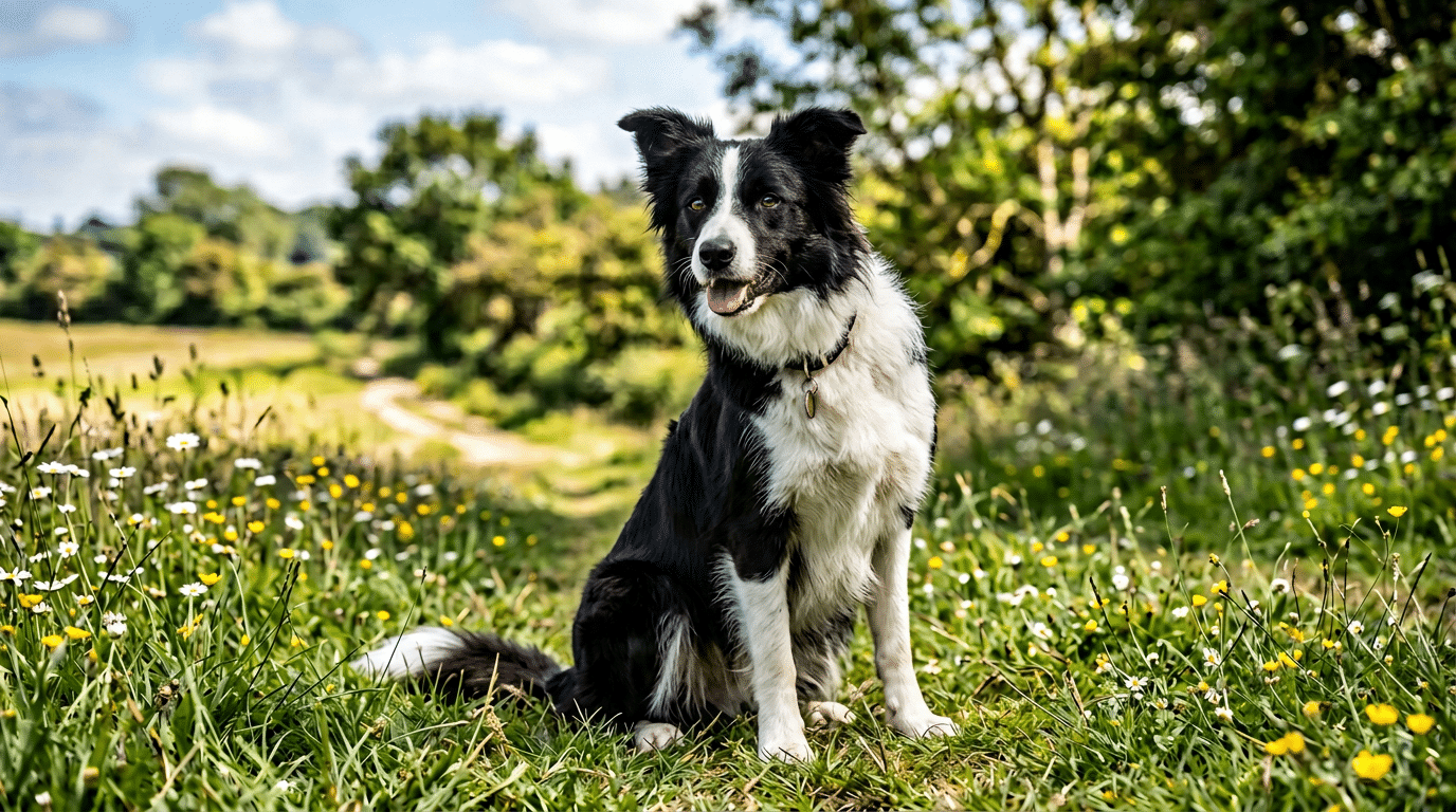 Border Collie sitting healthy and alert outdoors with bright eyes and shiny coat