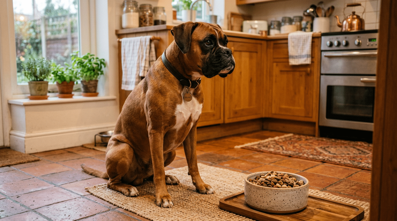 Boxer dog sitting attentively next to a food bowl in a warm kitchen