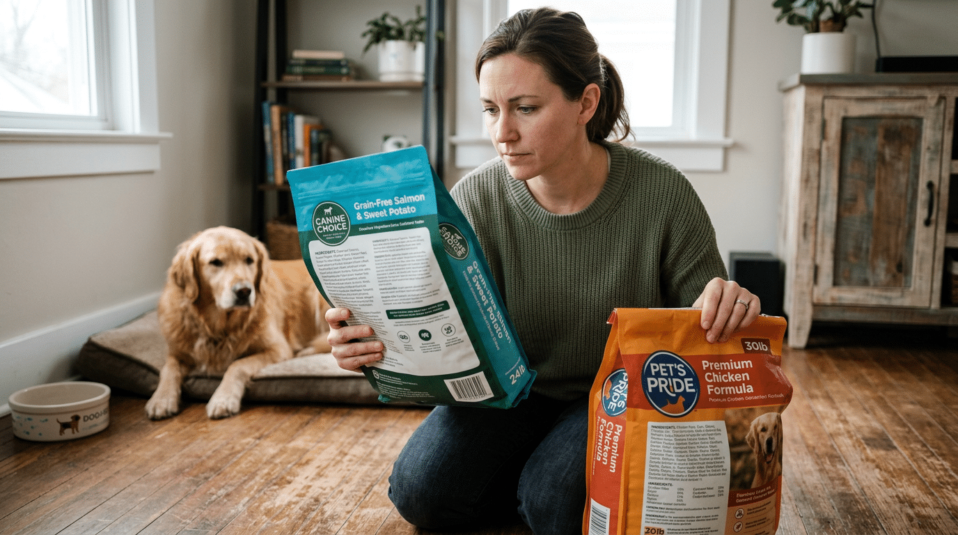 Dog owner comparing ingredient labels on two bags of kibble
