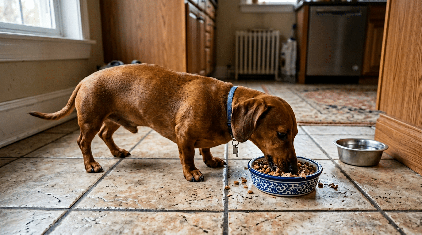 Dachshund eating enthusiastically from a food bowl on a kitchen floor