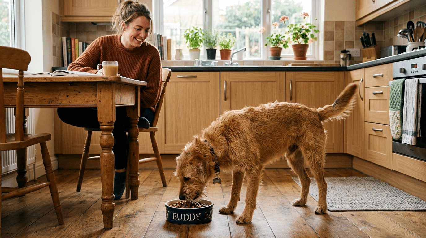 Dog happily eating from bowl while owner watches with a smile