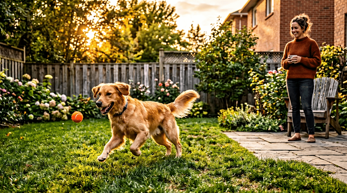 Healthy energetic dog playing in a yard in golden light