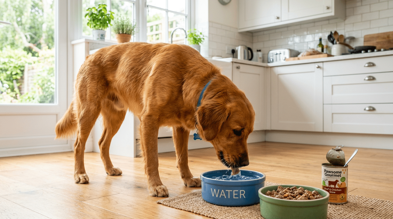 Dog drinking fresh water next to a bowl of wet food
