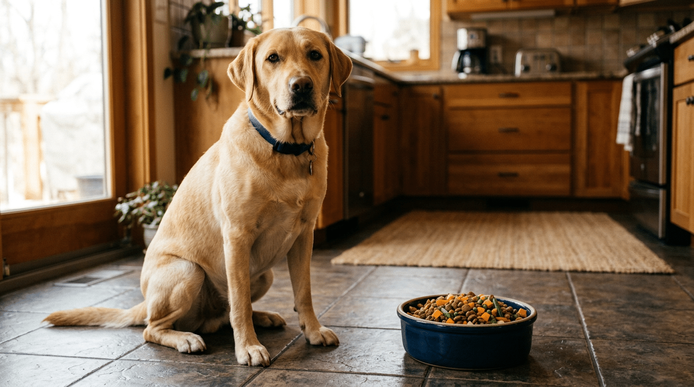 Labrador Retriever sitting next to a bowl of colorful vegetables and kibble on the kitchen floor