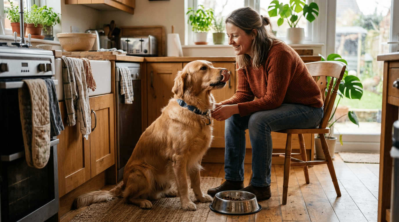Owner smiling at contented dog after a meal