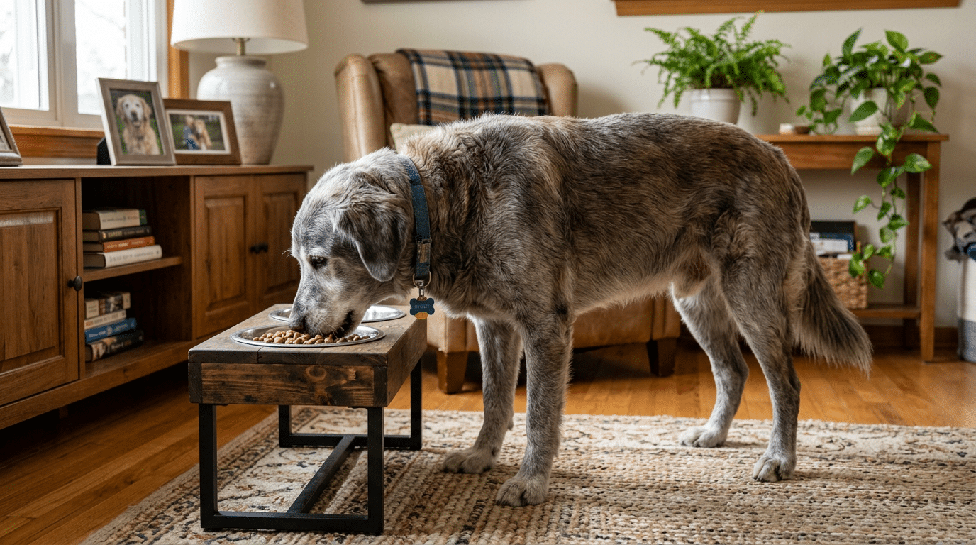 Senior dog eating comfortably from a raised food bowl
