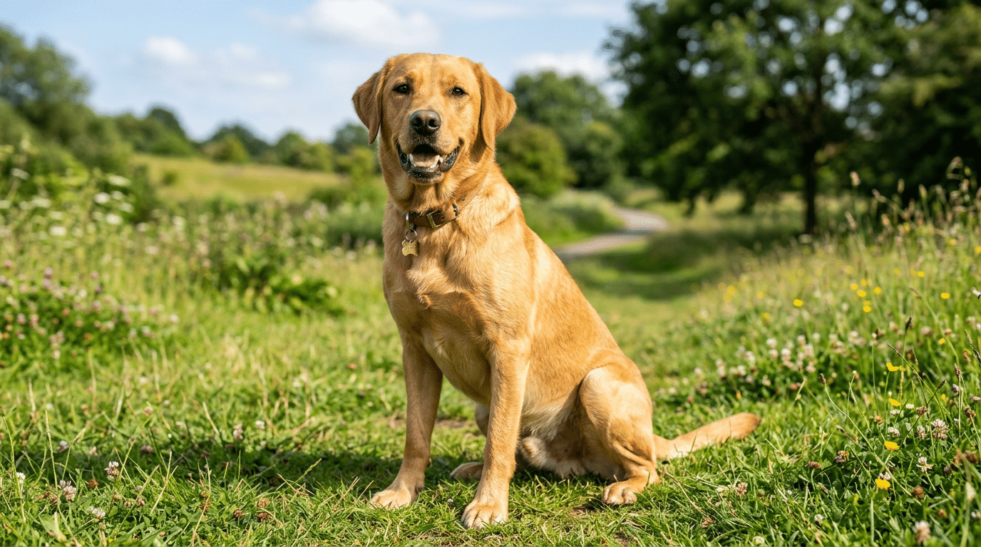 Dog with a shiny healthy coat sitting outdoors looking energetic
