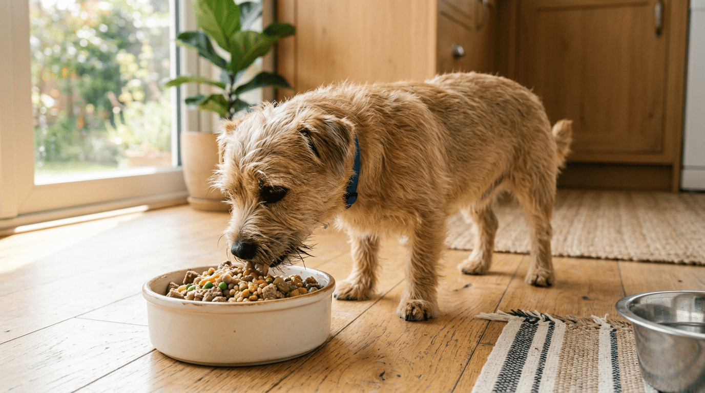 Small dog eating a nutritious meal from a clean bowl
