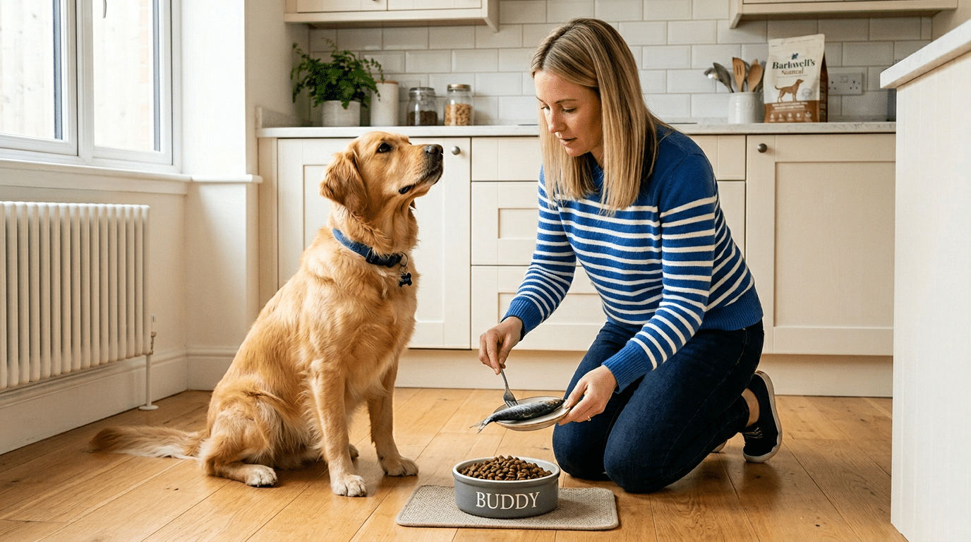 Dog owner adding a sardine to a bowl of kibble while dog watches eagerly