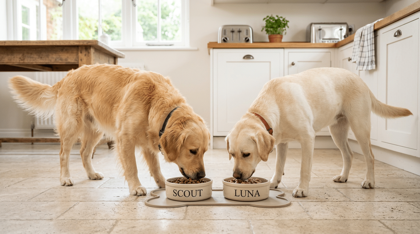 Two happy dogs eating side by side from separate bowls