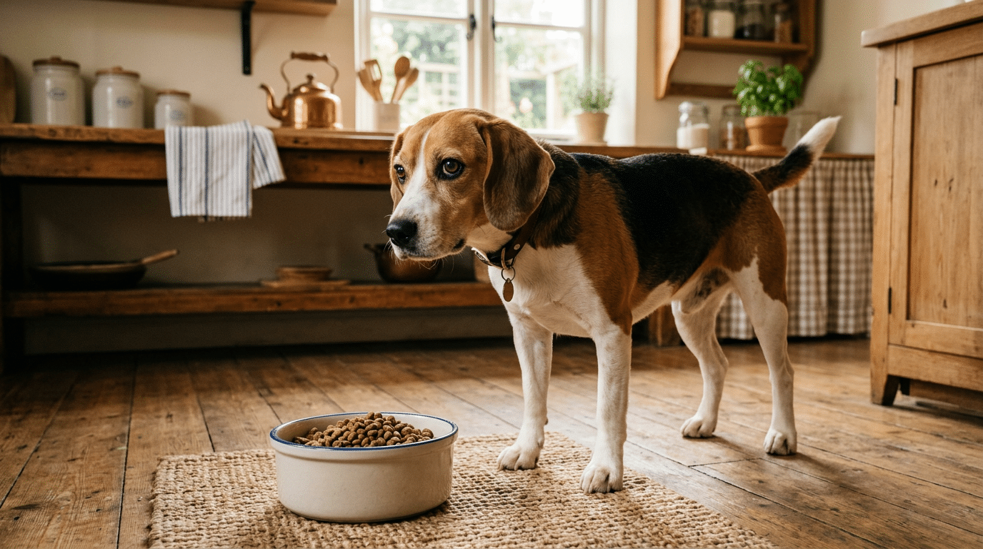 Curious dog looking at a bowl of kibble in a warm kitchen