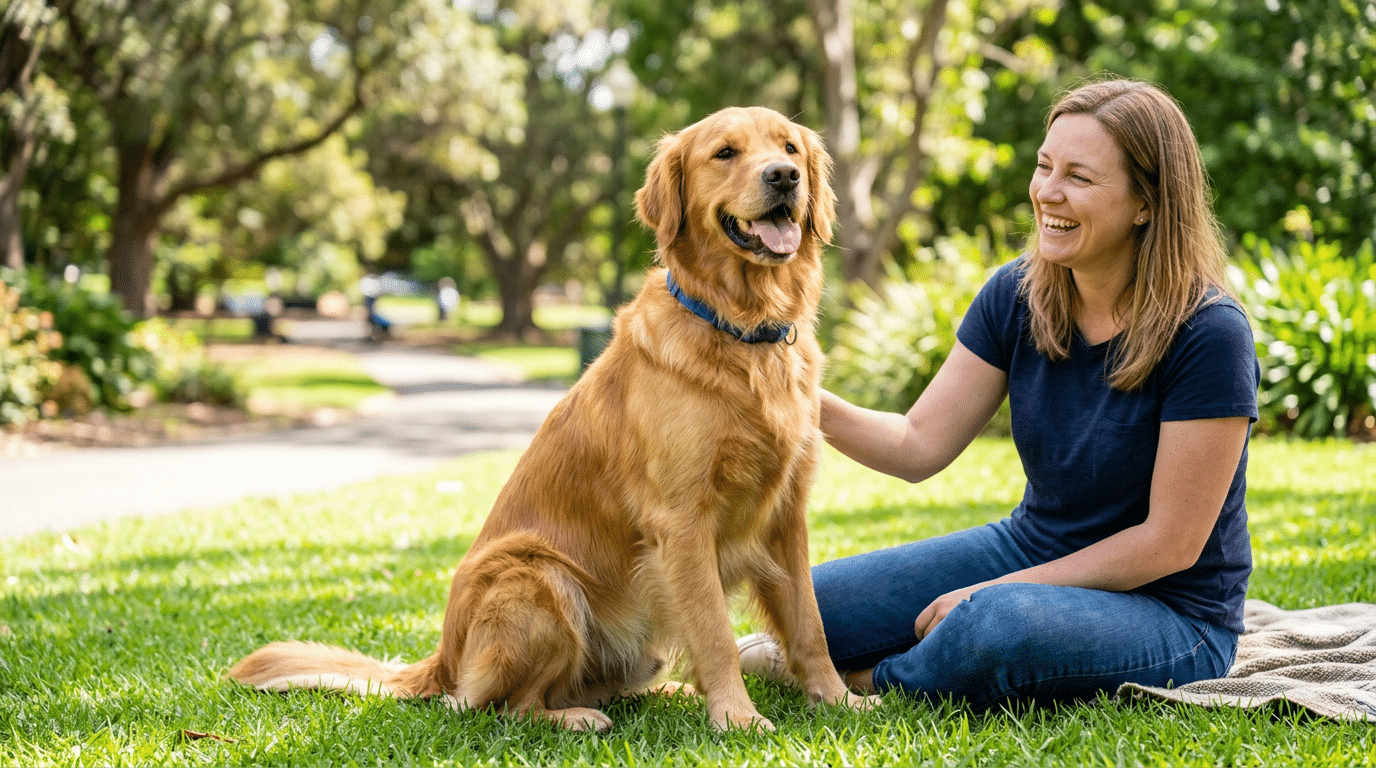 Healthy happy dog with shiny coat sitting with smiling owner