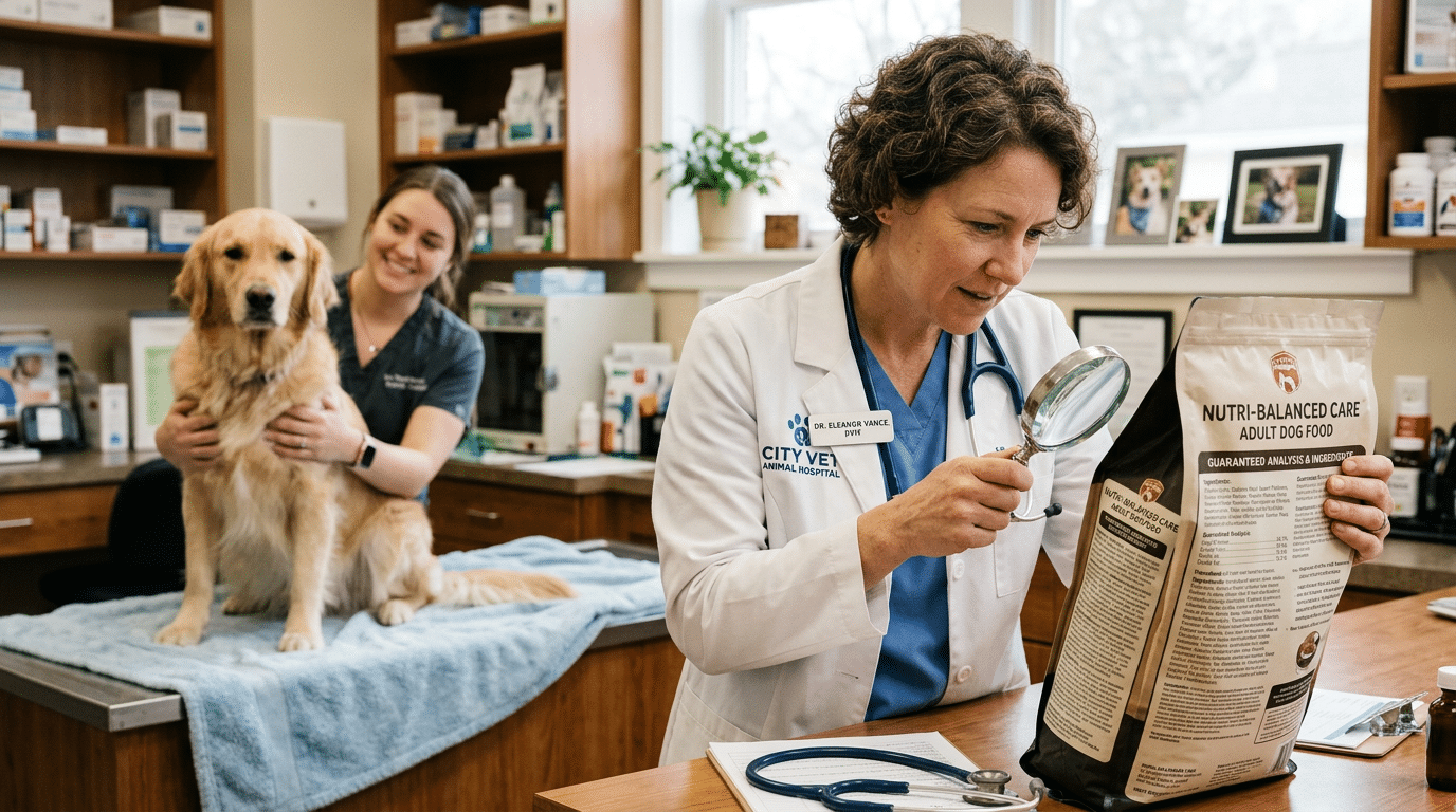 Veterinarian examining a dog food ingredient label