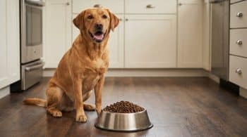 Labrador retriever sitting next to a stainless steel kibble bowl in kitchen