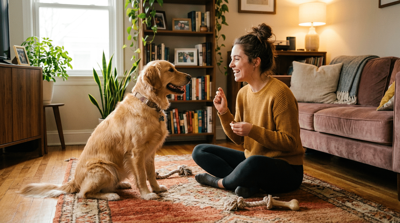A dog owner smiling at their dog during a playful naming training moment