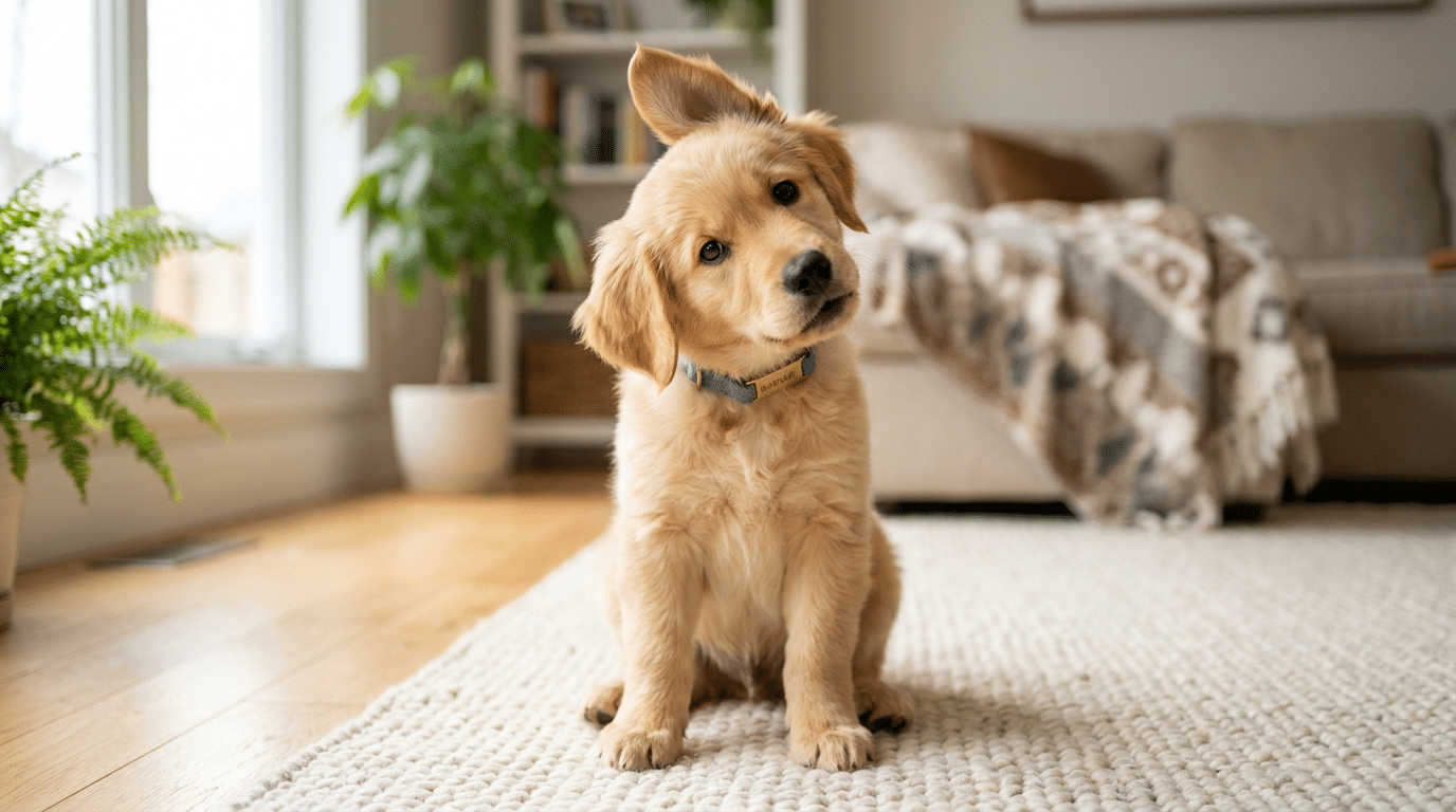 A cute puppy tilting its head curiously as if hearing its name for the first time