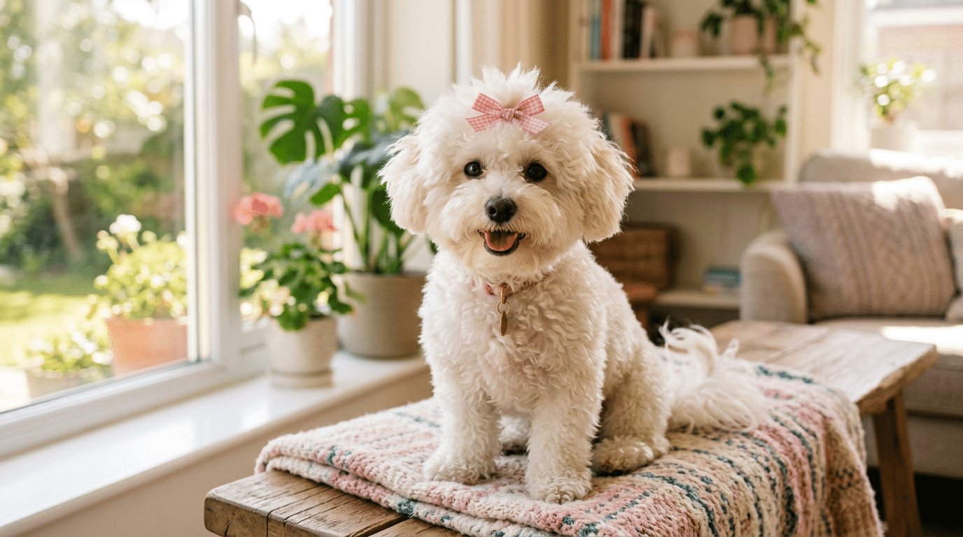 A cute fluffy female dog with a bow sitting playfully in a bright setting