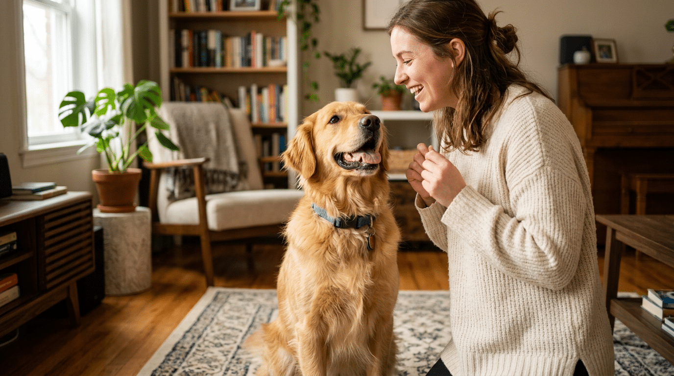 A happy dog sitting attentively looking up at its owner in a warm home