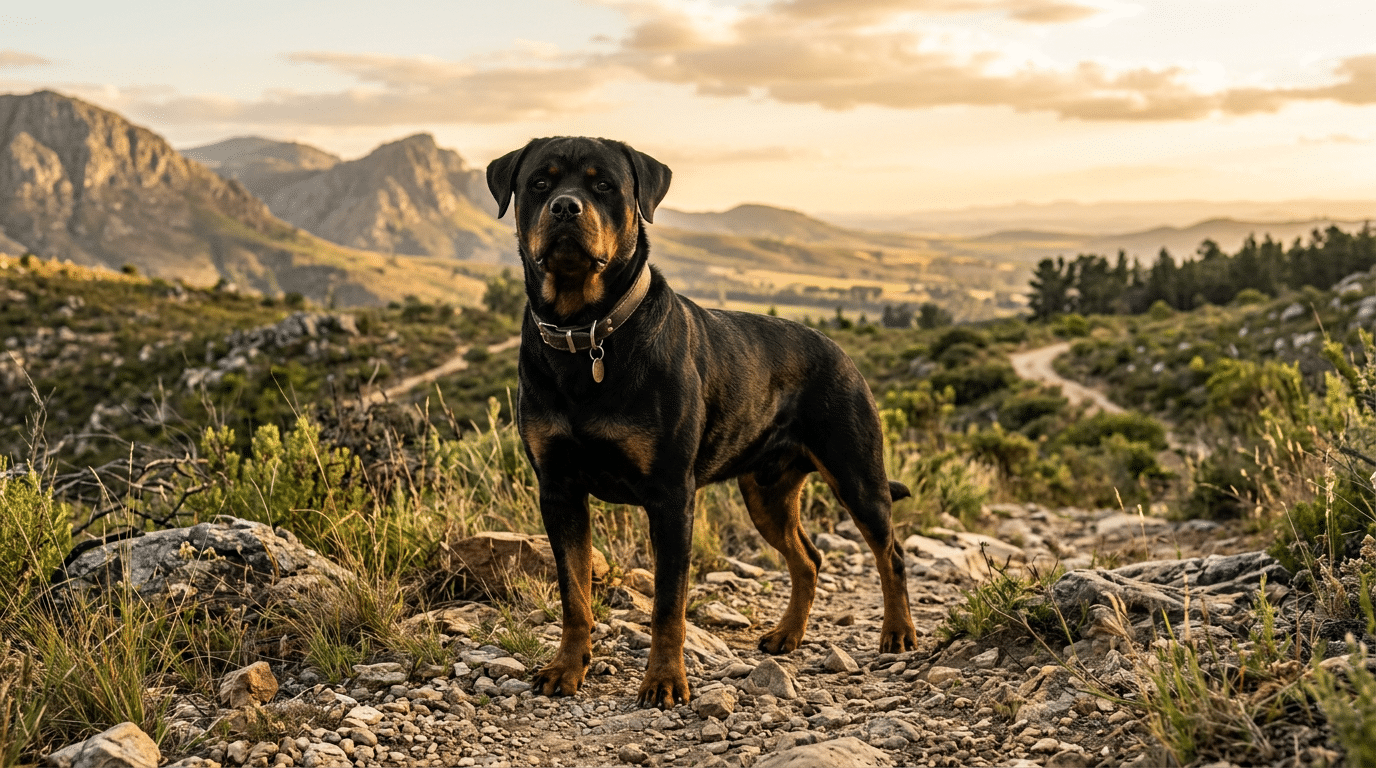 A strong powerful Rottweiler standing confidently outdoors in golden light