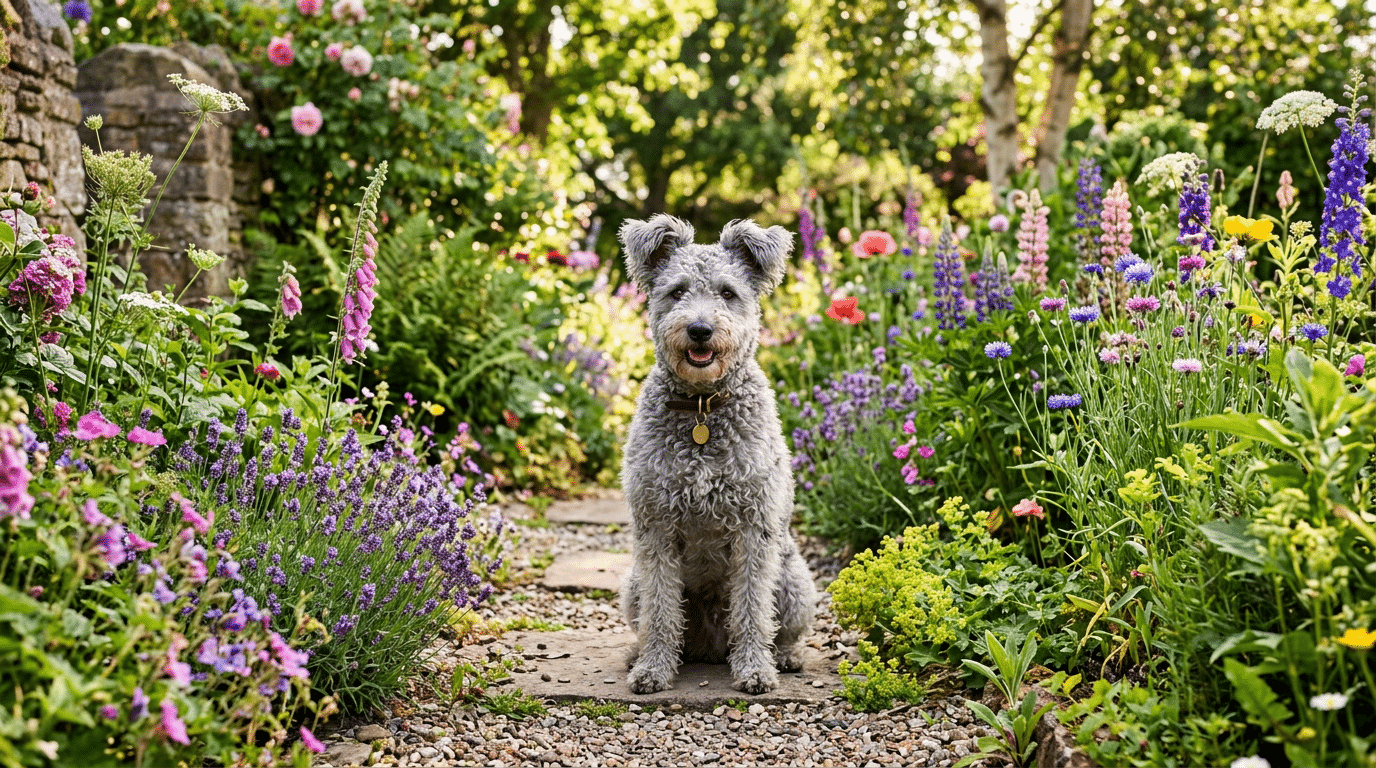 A unique exotic dog breed sitting in a lush garden surrounded by wildflowers