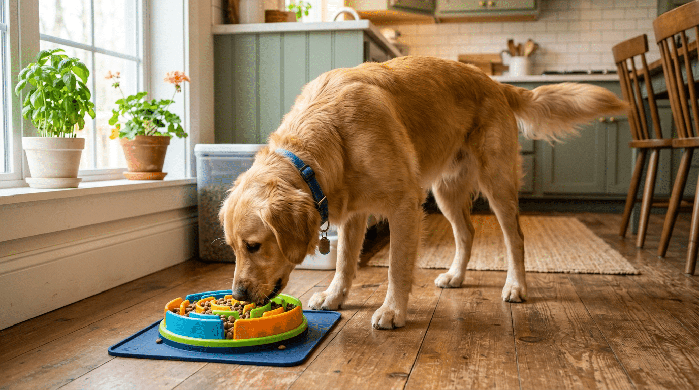 dog eating from slow feeder puzzle bowl to prevent bloat