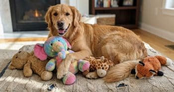golden retriever cuddling with colorful plush dog toys on a cozy blanket