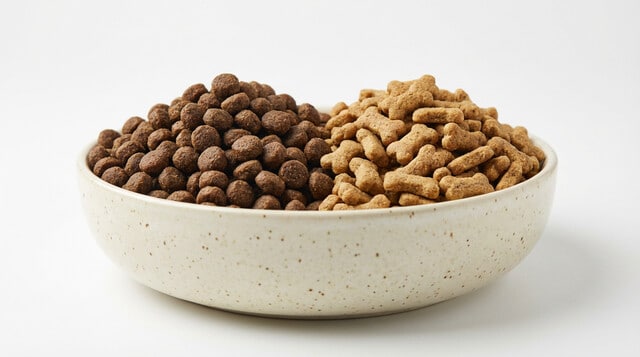 Premium dry dog food kibble comparison in ceramic bowls