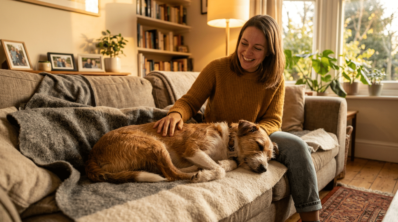 A relaxed rescue dog curled up contentedly with its owner on a couch
