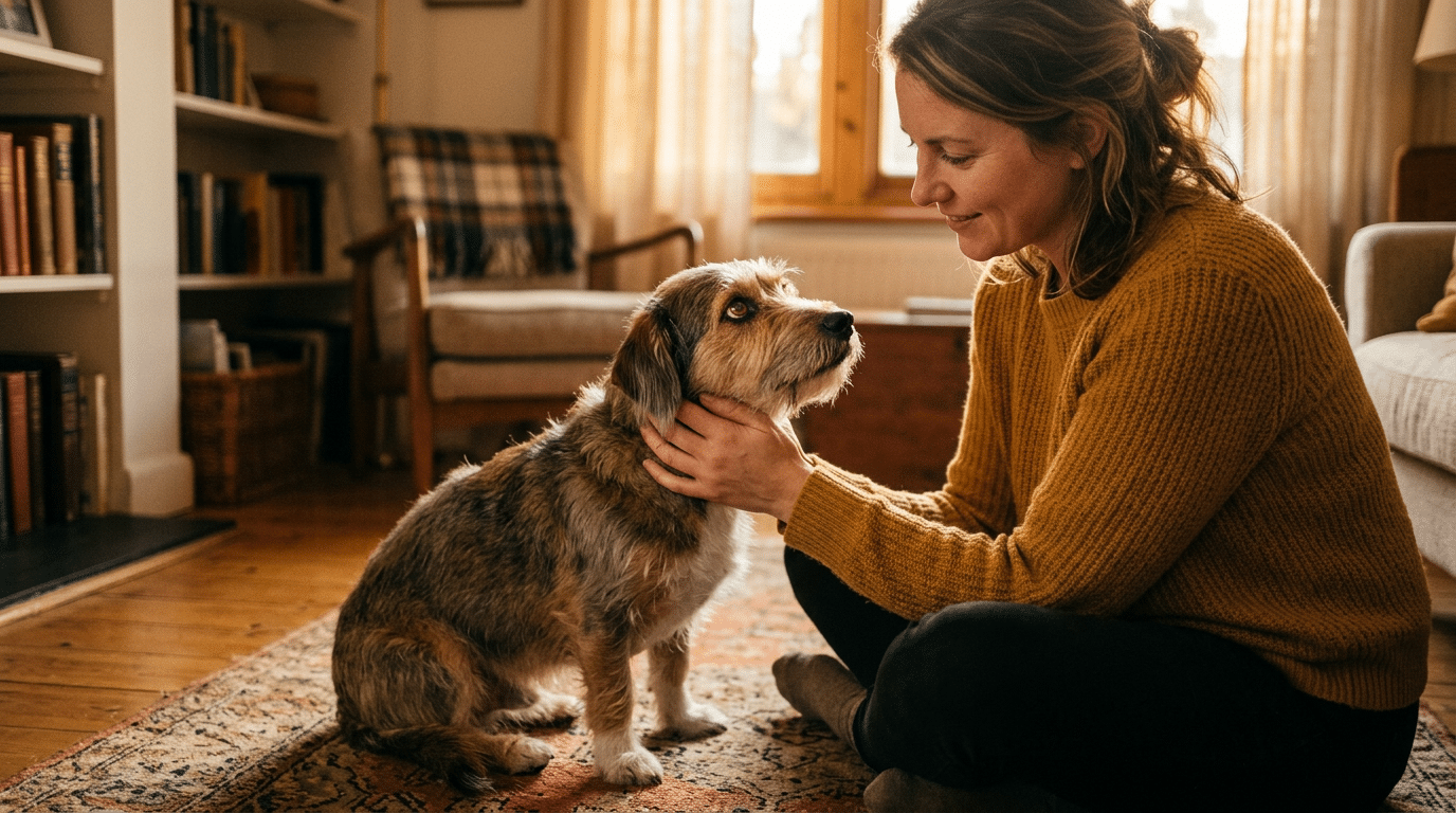 A shy dog gazing up at its owner with soft trusting eyes