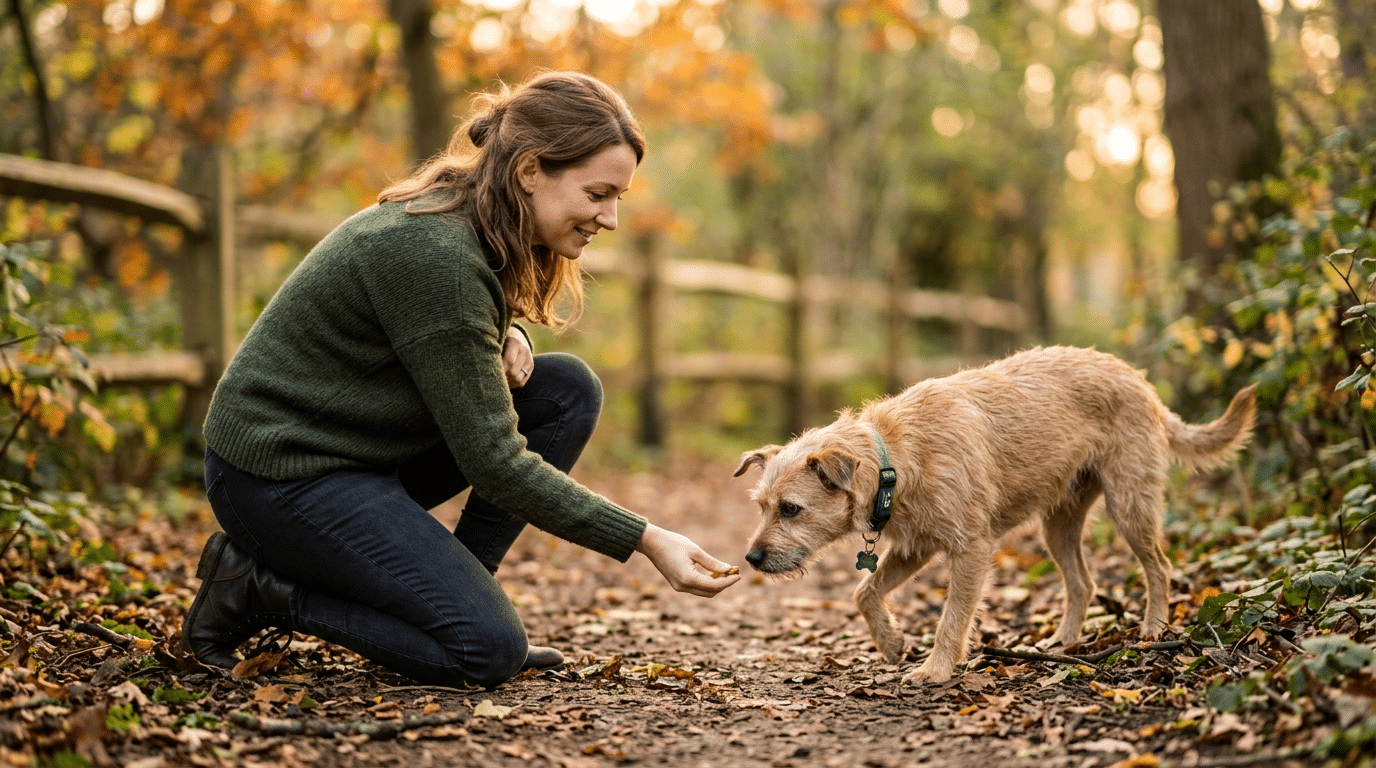 Person gently offering a treat to a cautious shy dog who is slowly approaching