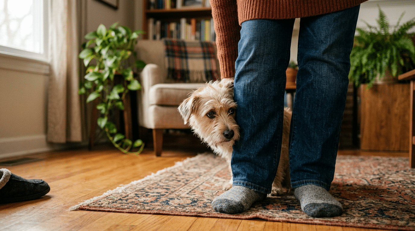A shy dog peeking cautiously from behind its owner's legs in a warm home