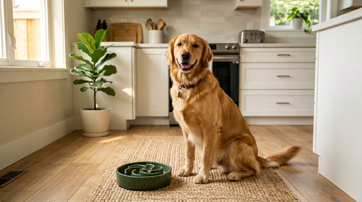 happy dog sitting next to slow feeder bowl after meal, healthy digestion and calm mealtime