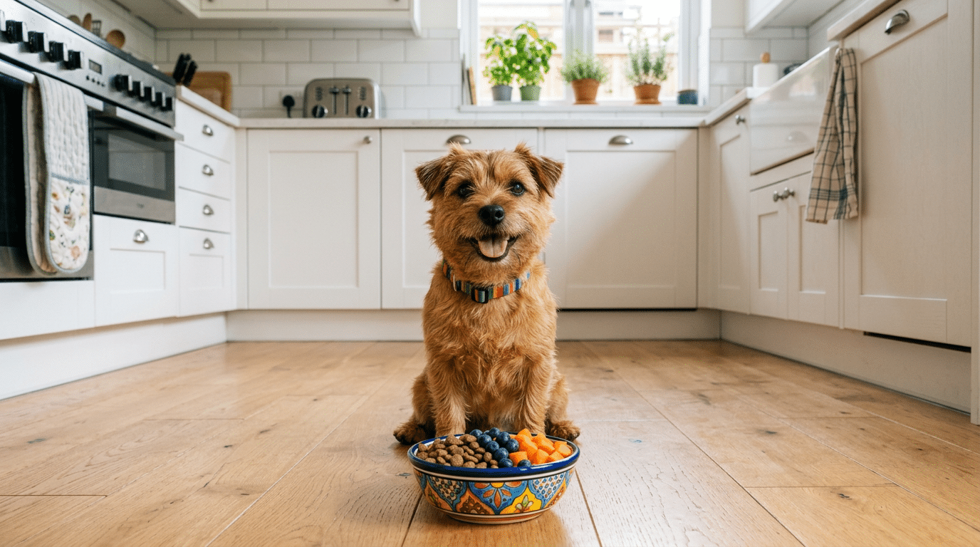 Happy small dog sitting in front of a bowl with kibble mixed with fresh blueberries and carrots