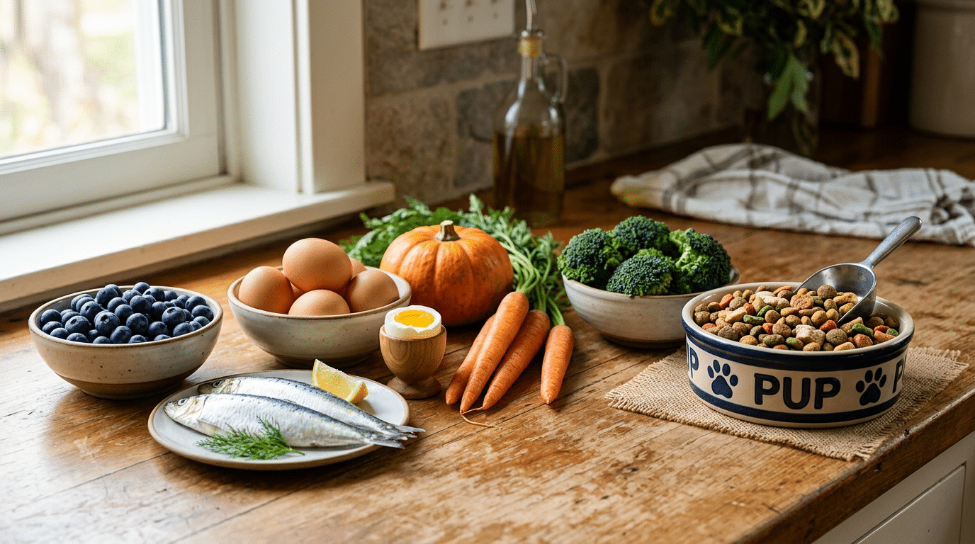 Colorful spread of healthy whole foods including blueberries eggs pumpkin and broccoli next to a dog bowl