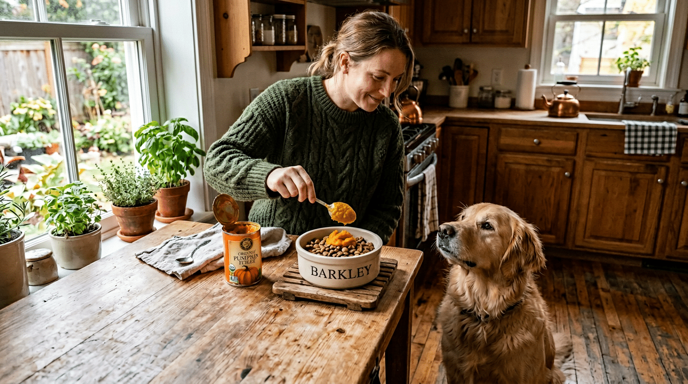 Dog owner adding pumpkin puree to a dog food bowl in a warm kitchen