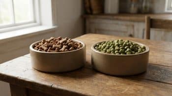 Two ceramic bowls with different dry dog food kibble on rustic wooden table