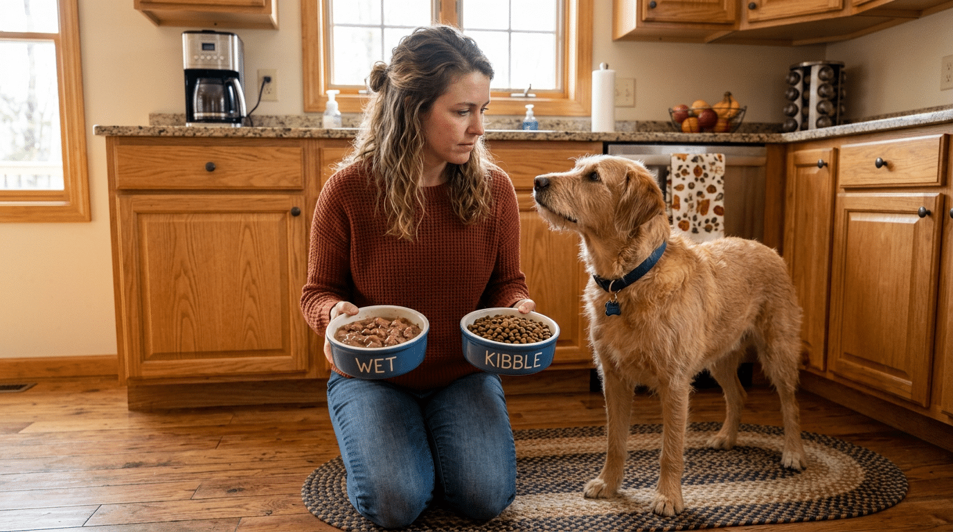 Dog owner comparing wet and dry dog food bowls in a warm kitchen