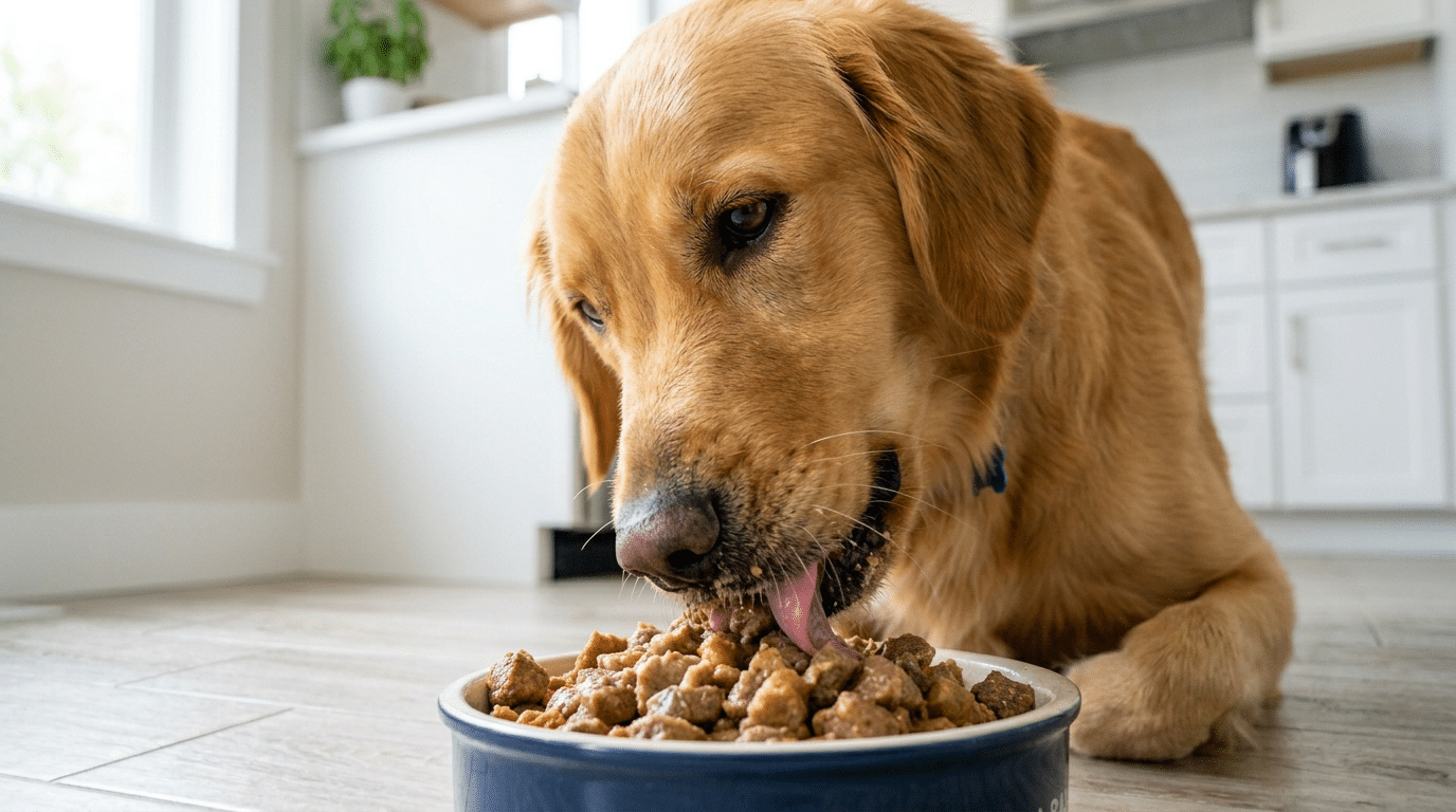 Healthy dog eating nutritious wet food from a bowl