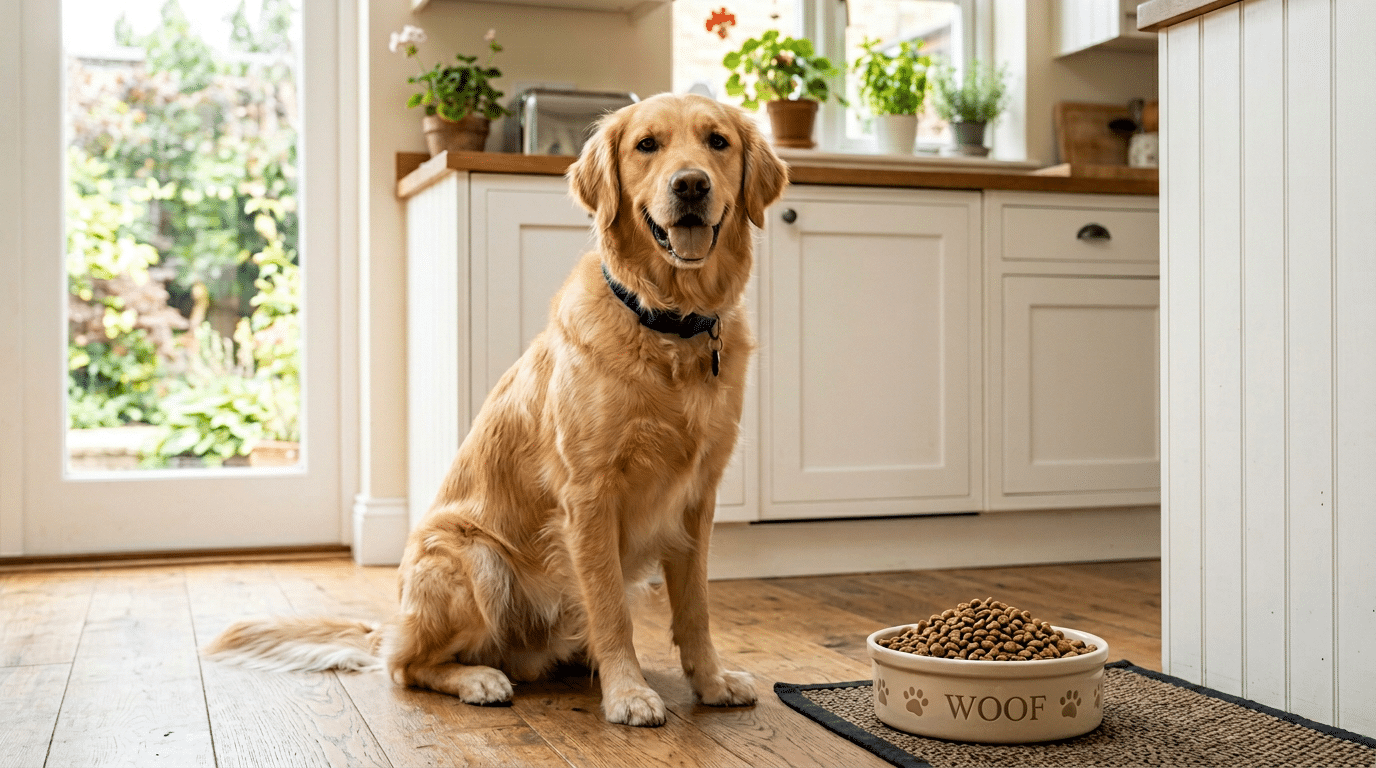 Happy dog sitting patiently by a bowl of dry kibble