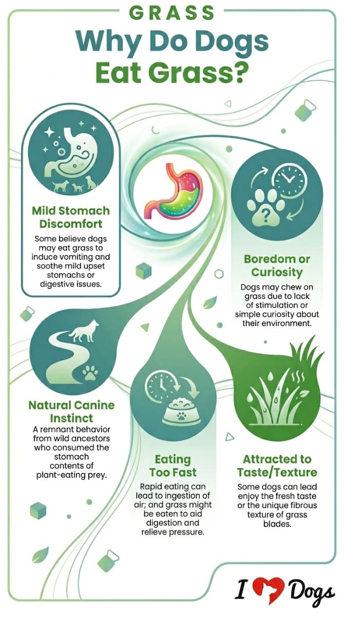 Infographic showing 5 reasons dogs eat grass: mild stomach discomfort, natural instinct, boredom, taste/texture, and eating too fast