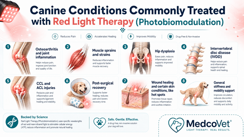 An infographic shows the most commonly treated canine conditions with red light therapy.